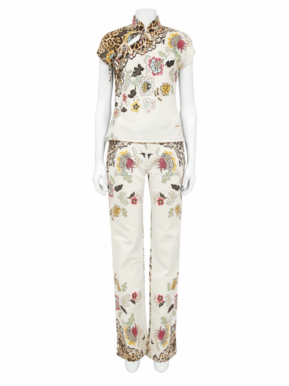 Roberto Cavalli S/S 2003 White Floral Chinoiserie Top & Jeans Set